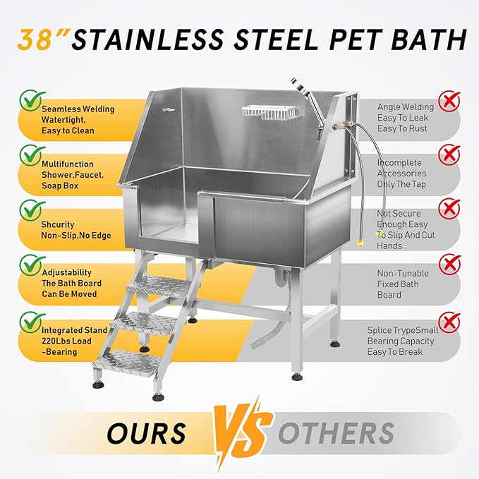Dog Washing Station Stainless Steel, 38-Inch Dog Bathing Station Bath Tub, Pet Grooming Bath Tub With Left Ramp & Removable Door & Showerhead & Faucet & Soap Holder For Large, Medium & Small Pet