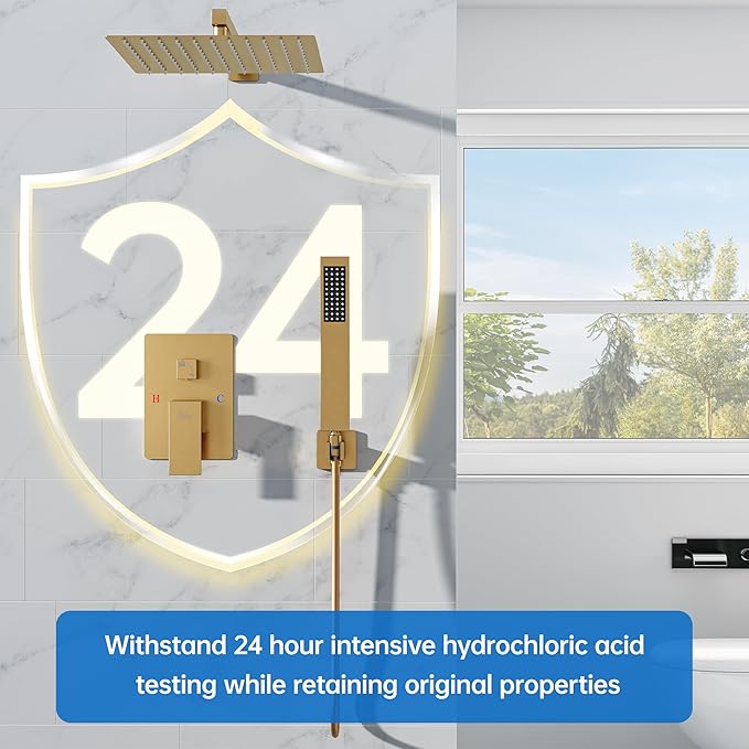 16 Inch Luxury Rain Shower Faucet Set, Brushed Gold Shower System with Rainfall Shower Head and Handheld Spray, SUS304 Stainless Steel and Solid Brass Wall Mounted Shower Valve Trim Kit