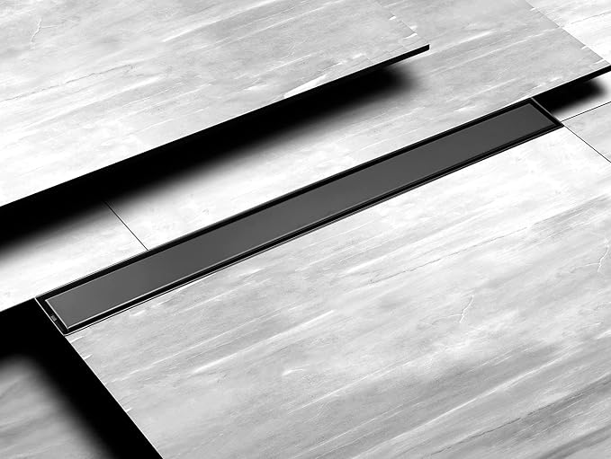 HEATGENE Linear Shower Drain 36-Inch, Stainless Steel Rectangle Shower Floor Drain with 2-in-1 Flat & Tile Insert Cover, Shower Drain with Leveling Feet & Hair Strainer, Matte Black