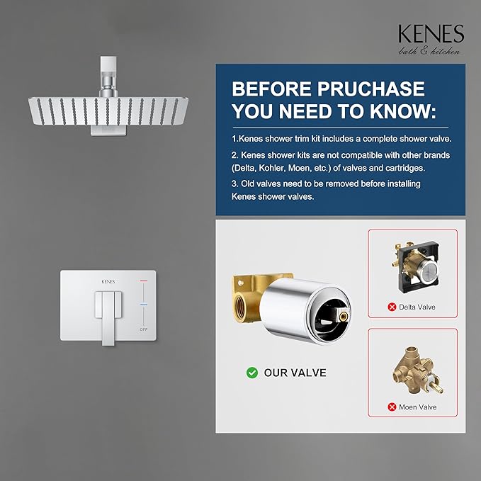 KENES Modern Polished Chrome 10-Inch Shower Head and Handle Set, Square Shower Faucet Set Bathroom Rainfall Shower System, KE-6024B-5 (Shower Valve Included)