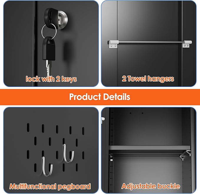 Aobabo Broom Closet Storage Cabinet, Lockable Garage Storage Cabinet for Home Garage, 71.37" H×33.93" W×16.92" D, Assembly Required, Black