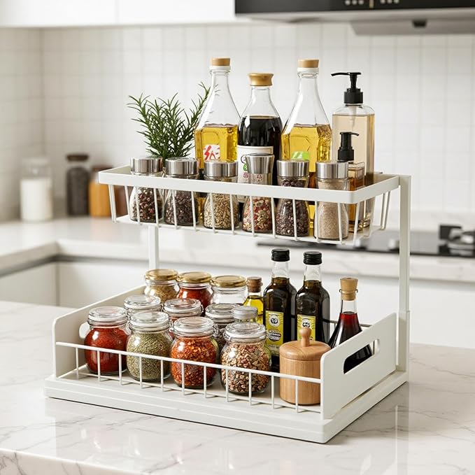 Under Sink Organizer Pull Out Kitchen Sink Organizer, 2 Tier L-Shape Bathroom Organizers and Storage with Sliding Drawer for Kitchen Bathroom Pantry (White, 1 Pack)