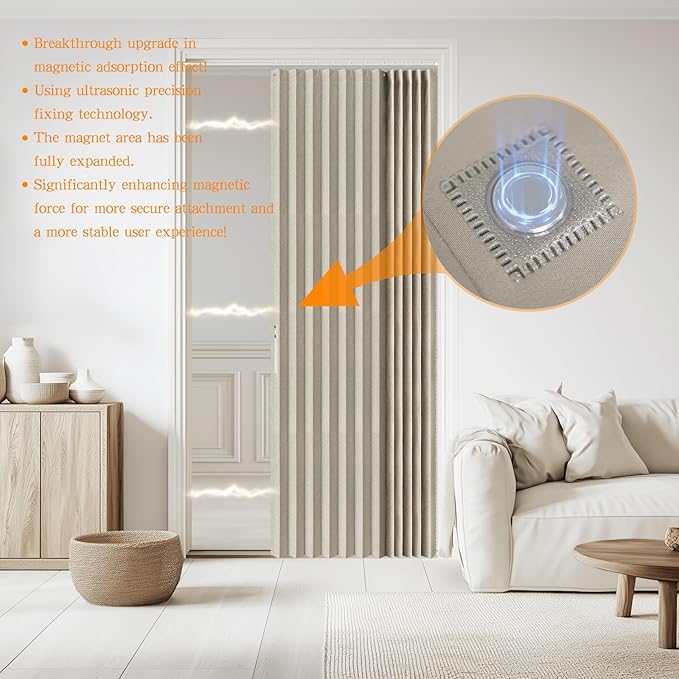 Accordian Door Curtain, 100% Blackout Folding Magnetic Doorway Curtains,Linen Style Closet Doors,for Room Divider,Privacy Protection（W52 x L78,Off White,1 Panel）