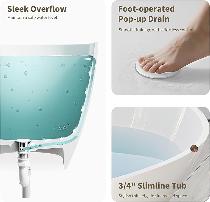 63" Freestanding Solid Surface Bathtub - Engineered Stone Resin Soaking Tub with Overflow & Pop-Up Drain, cUPC Certified Glossy White, 73-Gallon Capacity Deep Soak Tub Wavy for Modern Bathrooms