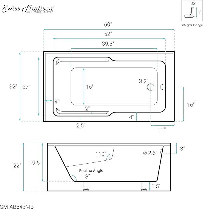 Voltaire 60 in. x 32 in. Acrylic Matte Black, Skirted Alcove, Integral, Right-Hand Drain, Apron Bathtub