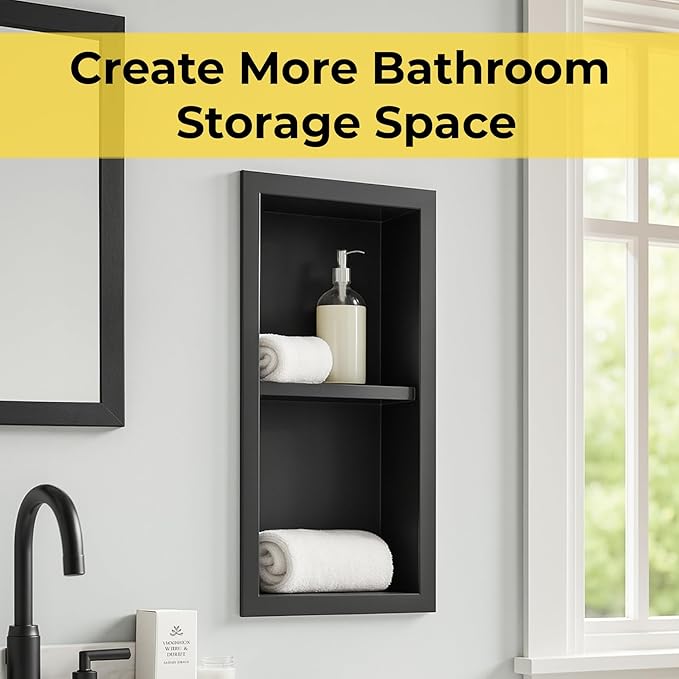 Stainless Steel Shower Niche No Tile Needed Recessed with Two-Tier Shelves, 24" x 12" Recessed Wall Niche Shelf for Bathroom Storage Black