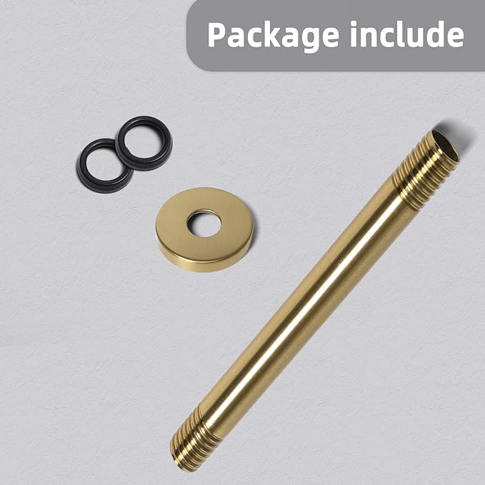 8 Inch Shower Arm with Flange, Ceiling Mounted Shower Head Extension Arm, 1/2 NPT Straight Arm for Rain Shower Head, Stainless Steel Shower Head Extension Replacement Pipe Arm, Gold