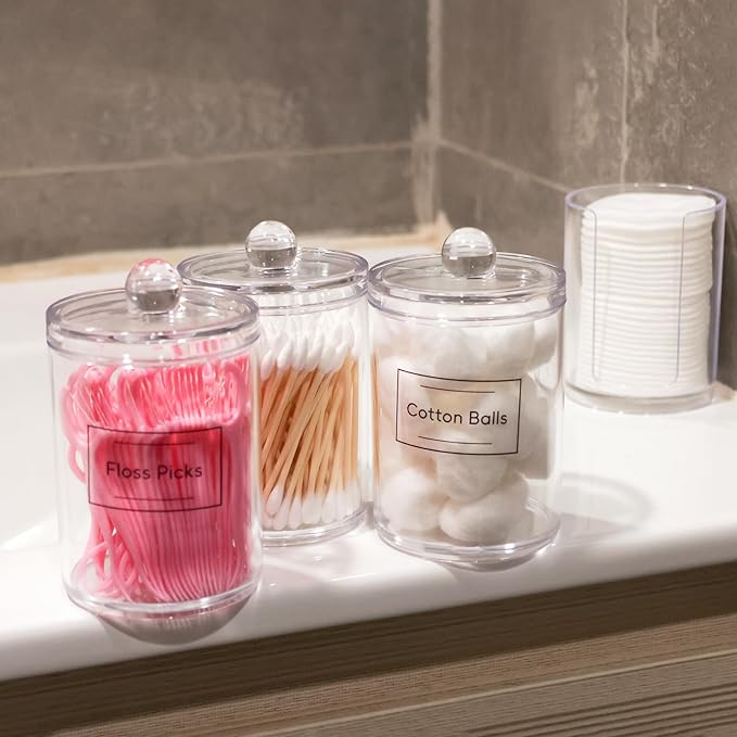 4 Pack Acrylic Qtip Holder Dispenser,Bathroom Canisters Apothecary Jar Set, Bathroom Organizers and Storage,10 oz with 1Gap
