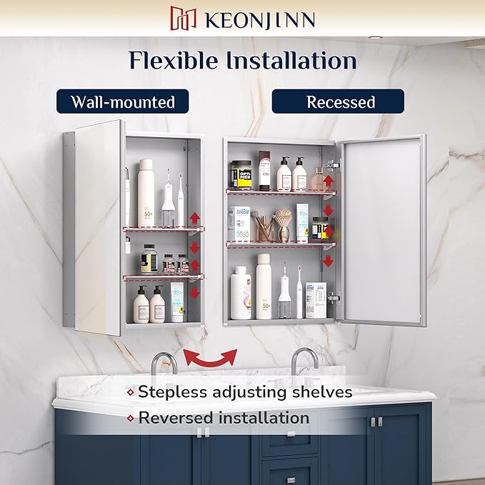Keonjinn 60 x 32 Inch Medicine Cabinet, Assembly Required, Silver Bathroom Medicine Cabinets Mirror, Lightweight, Adjustable Shelves, Surface Mount or Recessed, Tempered Glass