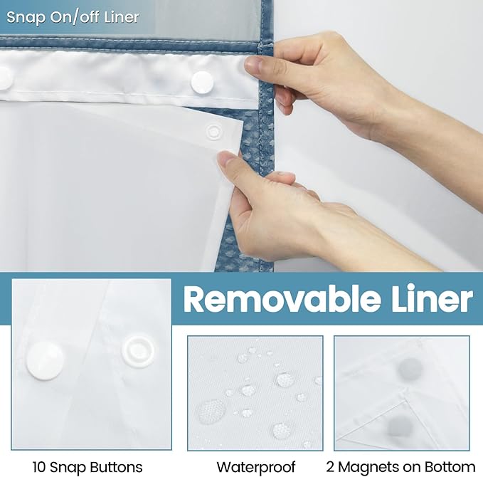Moonlight Blue Stall No Hook Shower Curtain with Snap in Liner,230GSM Waffle Weave Shower Curtains for Bathroom,54W x 80H