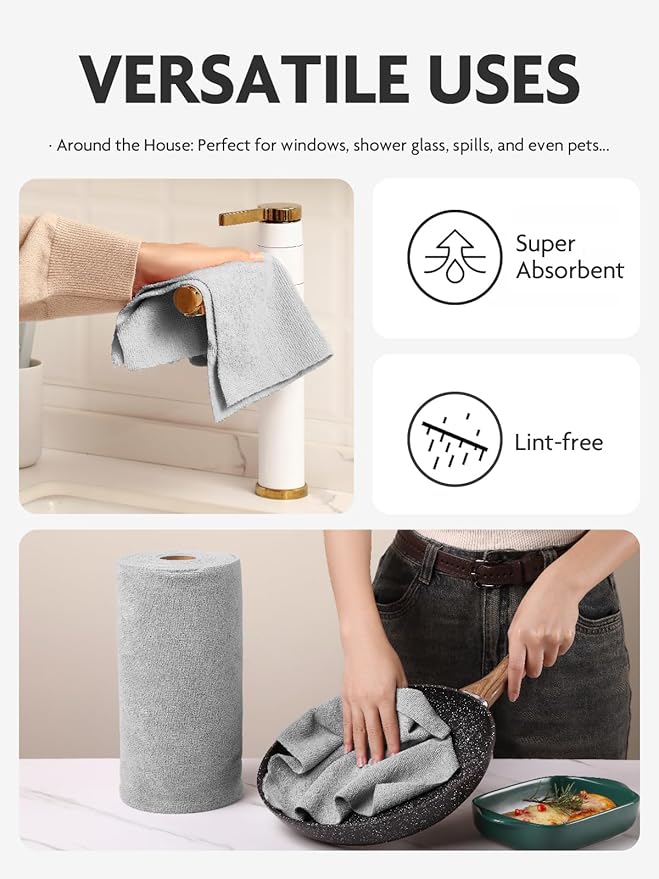 Fantasticlean Microfiber Cleaning Cloth Roll -60 Pack, Tear Away Microfiber Towels, 12" x 12", Reusable, Washable, Scratch Free, Ultra Absorbent Dishcloth for Car, Home Supplies (Pink & Grey)
