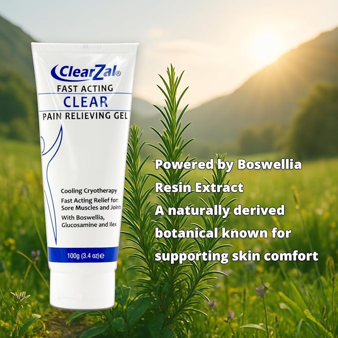 ClearZal Fast Acting Clear Pain Relieving Gel with Cooling Cryotherapy, Boswellia and Glucosamine for Sore Muscles and Joints, Soothing Cooling Gel 3.4 oz
