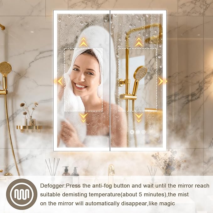 Aluminum Medicine Cabinet with Light,Stepless Glass Shelf,3 Colors Temperature,Dimmer,Backlit Lighting,Internal Light,USB Shaver Socket,Defogger,61cm×76cm