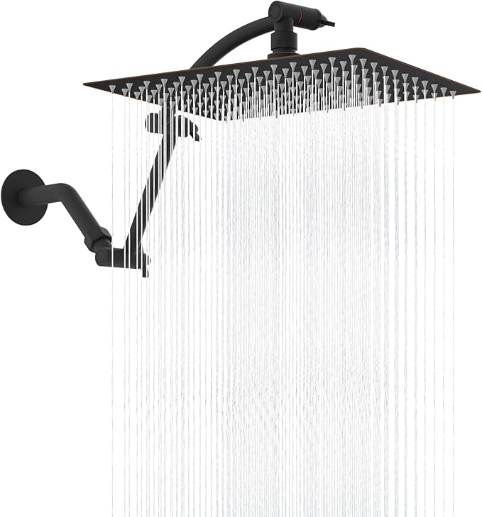 Hibbent All Metal cUPC Certified Rain Shower Head, 12'' High Pressure Rainfall Showerhead with 16" Shower Head Extension Arm, Brass Adjustable Shower Arm Extender, fixed Showerheads, Oil Rubbed Bronze