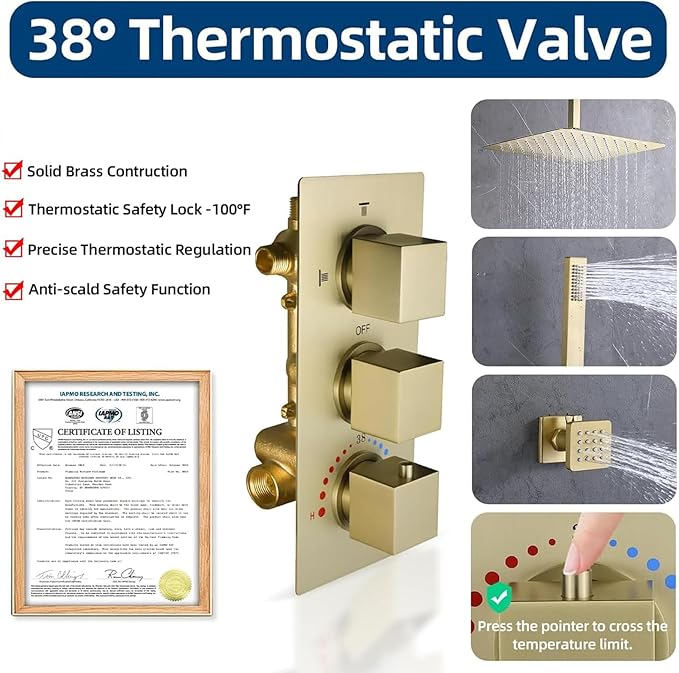 Brass 4 Ways Shower Diverter Valve Brushed Gold, HOMEDEC Thermostatic 4 Outlets 3 Handles Control Shower Mixing Mixer Valve Trim Kit Replacement, 3/4inch Rough In