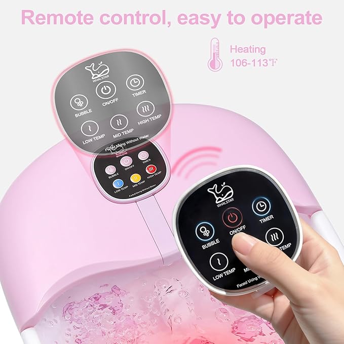Collapsible Foot Spa Bath Massager with Heat Bubbles and Vibration Massage and Jets, 16oz Tea Tree Oil Foot Soak Epsom Salt, WHALSTAR Foot Bath Bucket With Red Light & Remote - PINK