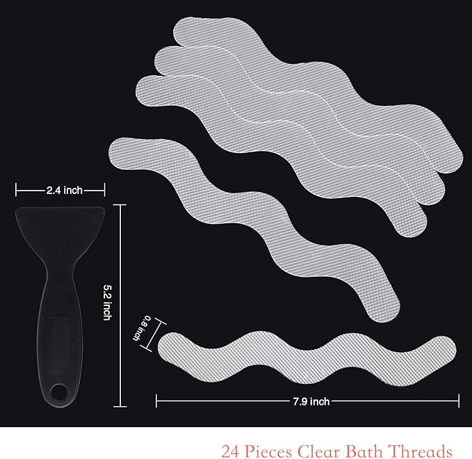 Anti Slip Shower Stickers, Adhesive Decals Safety Strips with Scraper for Bath Tub, Shower Floor, Stairs, 24 Pieces (Clear)