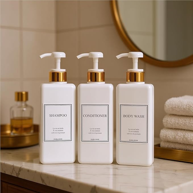 Modern Gold Design Shampoo and Conditioner Dispenser, Large 27oz Shower Soap Dispenser, Set of 3 Refillable Empty Plastic Pump Bottles for Bathroom and Body Wash (6 Waterproof Labels Included), White