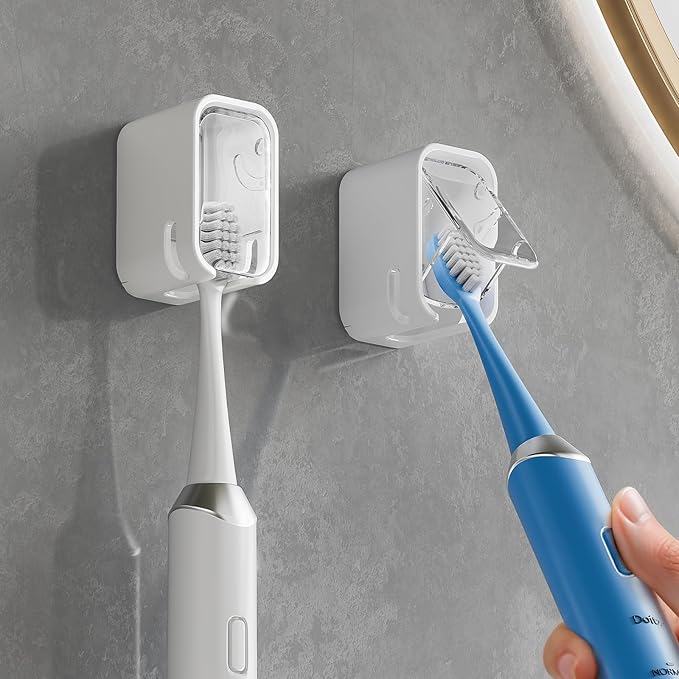 Toothbrush Holders for Bathrooms, 2PCS Innovation Single Slot Toothbrush Holder Wall Mounted with Cover for Shower, Single Toothbrush Dispenser Storage Organizer for Family & Travel