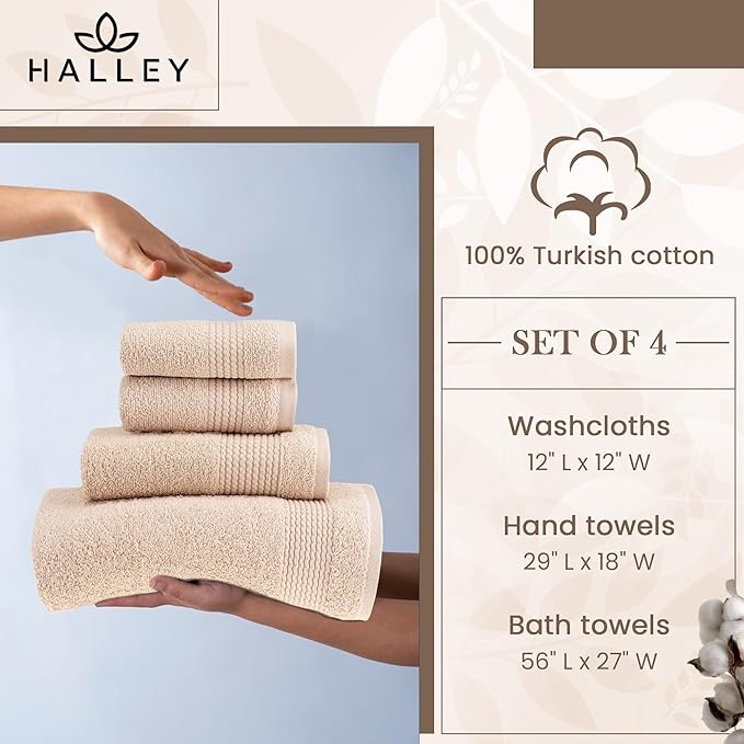 HALLEY Turkish Cotton Towels (Set of 4) 1 Bath Towel 1 Hand Towel 2 Washcloths, Super Soft Highly Absorbent 100% Cotton Towels for Bathroom and Kitchen for Mother’s Day (Tan)