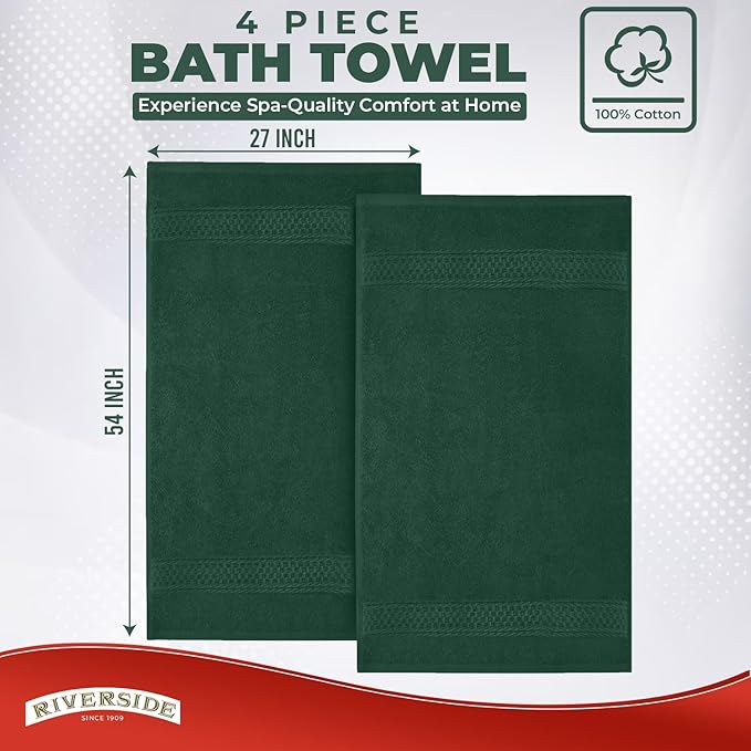RIVERSIDE 100% Ring Spun Cotton Large Bath Towels Set of 4, 27 x 54 – Quick Dry, Soft & Highly Absorbent Towels for Shower & Bathroom – Luxury 600 GSM Towels for Home, Spa, Gym, Hotel, Hunter Green