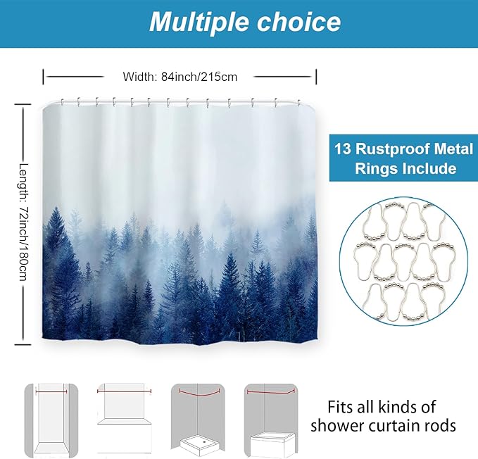 ORTIGIA 84 Inch Extra Wide Blue Misty Forest Shower Curtain for Bathroom, Nature Woodland Shower Curtain Set with Hooks, Decorative Pine Tree Fog Magic Bath Curtain, Waterproof Fabric, 84x72