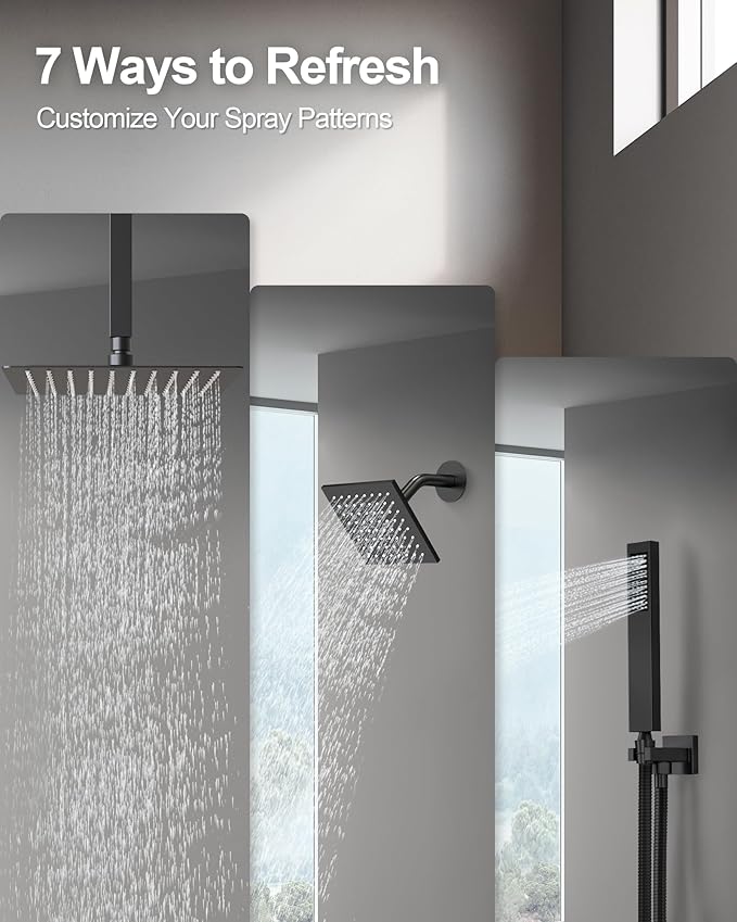 Thermostatic Shower System, Dual Rainfall Shower Heads for Ceilling & Wall Mounted with Handheld Sprayer, Matte Black