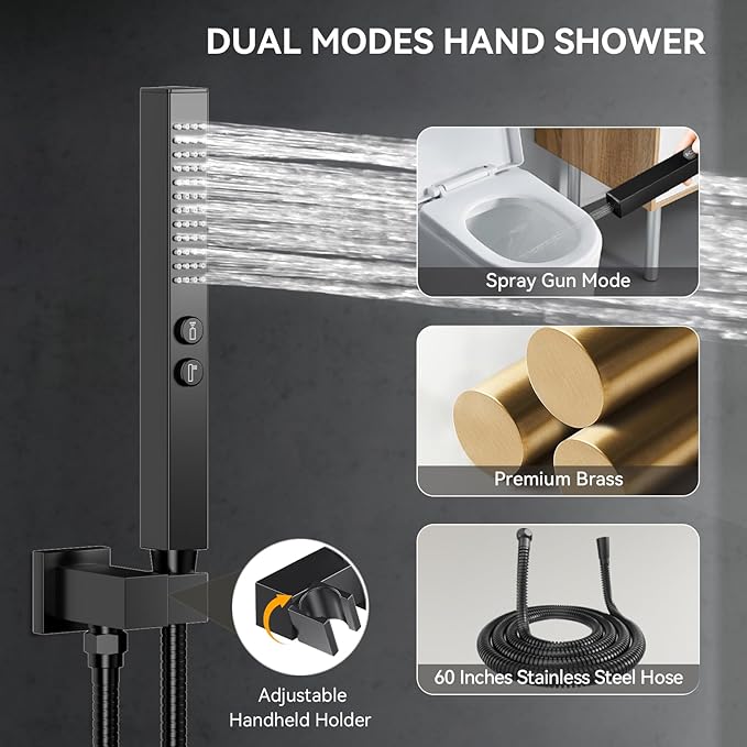 Shower System with Body Jets, Bostingner Four Modes Shower Faucet 10+6" Rain Shower Head with Handheld Spray 2 Ways, 4Pcs Shower Jets System in Wall Shower Faucet Sets Complete, Matte Black