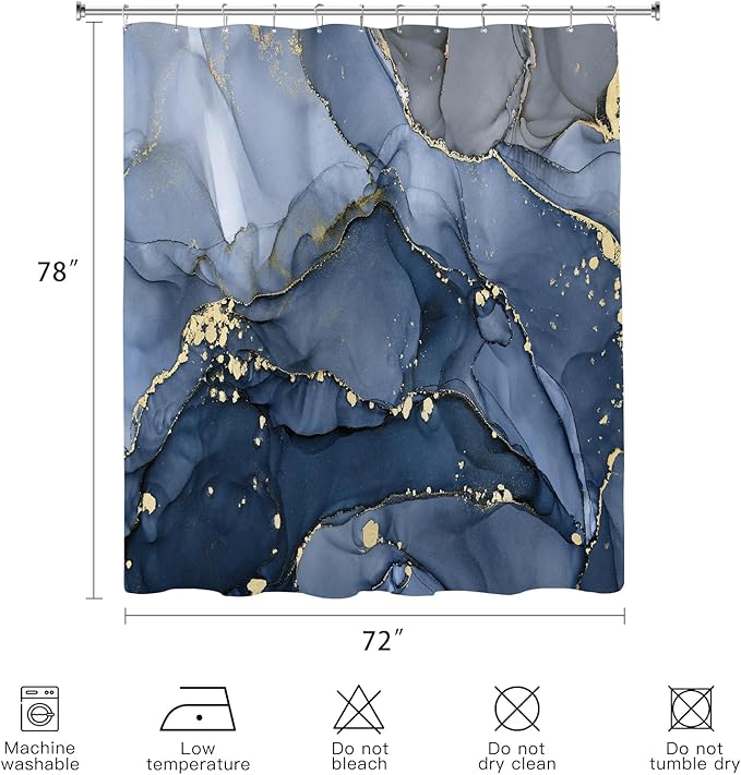 Long Shower Curtain 72 x 78 Inch, Tall Abstract Marble Shower Curtains for Bathroom Decor, Modern Luxury Art Decor Ink Texture Fabric Shower Curtain Set with Hooks, Navy Blue