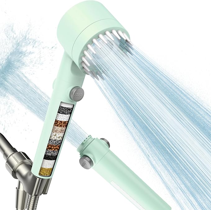 Filtered Shower Head with Handheld, High Pressure Water Flow and Multiple Spray Modes Shower Head with Filter, Power Wash for Hard Water, Showerhead with ON/OFF Switch for Pets Bath (Green)