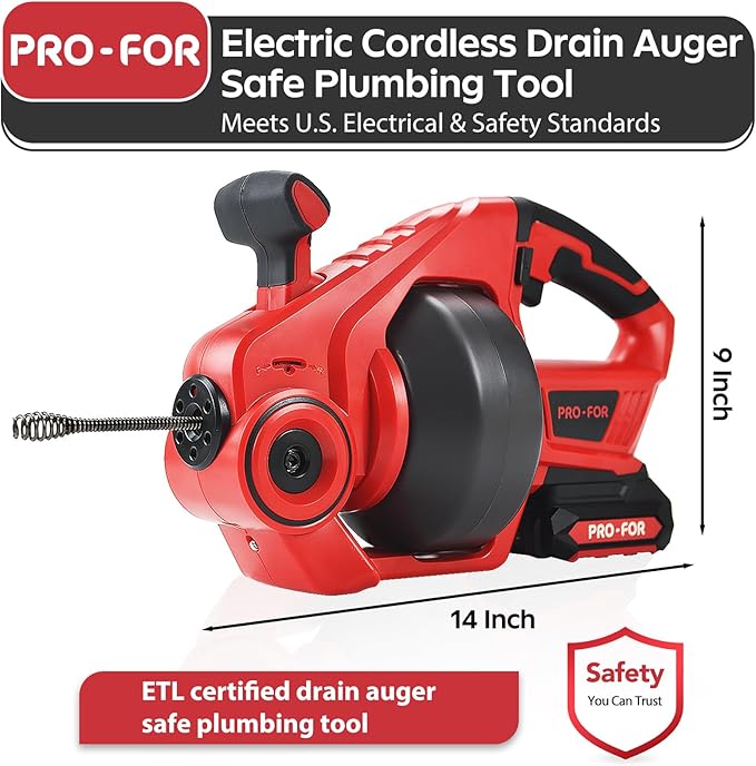 20V Cordless Electric Drain Auger, 25Ft Auto-Feed Drain Snake, Replaceable Cable, 2.0Ah Battery & Charger, LED Light, Clog Remover for Sink, Shower, Kitchen, Bathroom Pipes (3/4"-2")