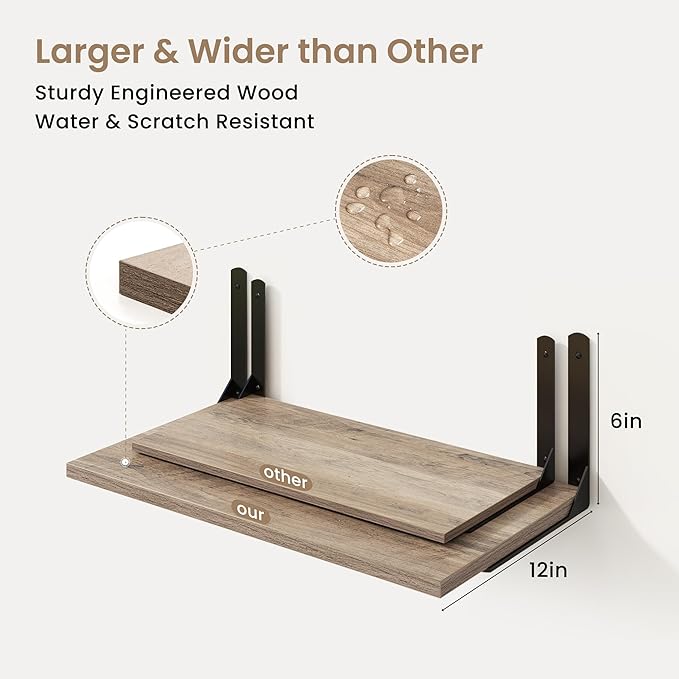 Fun Memories Floating Shelves for Wall, 12 Inch Deep Floating Shelves Set of 2, Wall Mounted Shelf with Metal Brackets, Rustic Wood Wide Shelf for Bathroom, Kitchen and Living Room, Grey, 48W x 12D