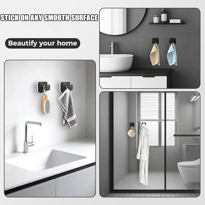 2Pcs Square Suction Cup Hook, 304 Stainless Steel Shower Hook, Removable Suction Cup Knob for Shower, Bathroom, Kitchen, Glass Door, Mirror (Black)