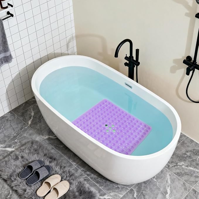 Anti-Slip Bathtub Shower mat, 20.8×20.8（Approximately 53×53cm） inch Soft Oversized Machine Washable Non-Slip Bathtub mat with Drainage Holes, Bathroom Floor Suction Cup.（1- Clear Purple）
