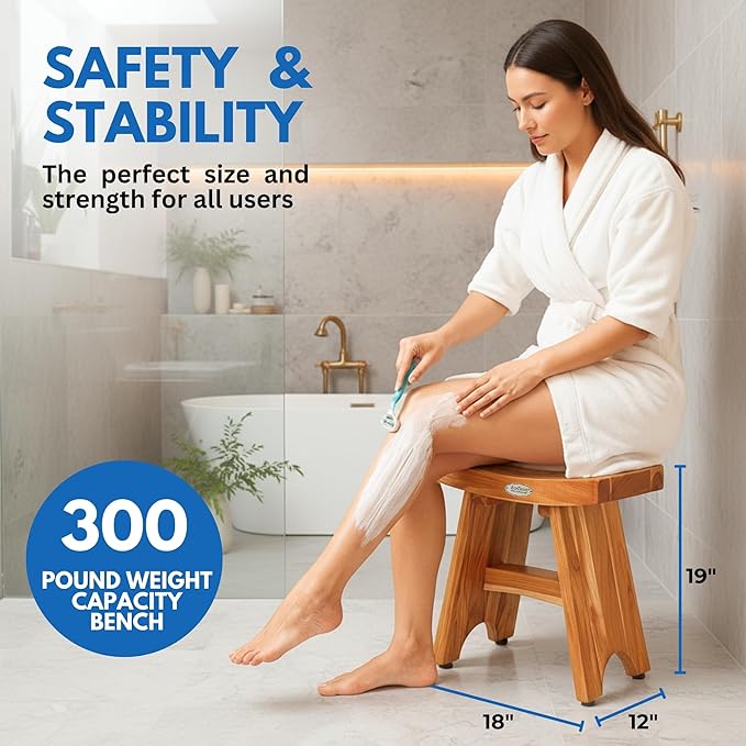 EcoDecors Teak Shower Bench 18", 300 lb Capacity – Waterproof Wood Bath Seat for Adults - Compact Spa Stool for Small Bathrooms & Walk-in Showers with Slip-Resistant Feet