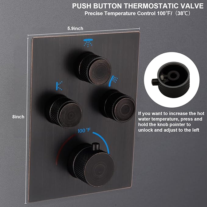 Push Button 3 Way Thermostatic Shower Diverter Valve, Concealed 3 Outlet Multi Function Brass Mixer Shower Valve Kit Can Control Flow and On-Off Simultaneously, Oil Rubbed Bronze