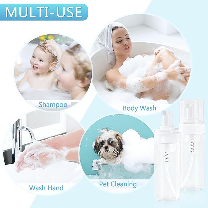 Foam Pump Bottle 5.1oz/150ml Clear Empty Foam Bottle Pump, Travel Foam Bottle for Soap, Shampoo, Cleaning Foam Dispenser Bottle Refillable (6 Pack)