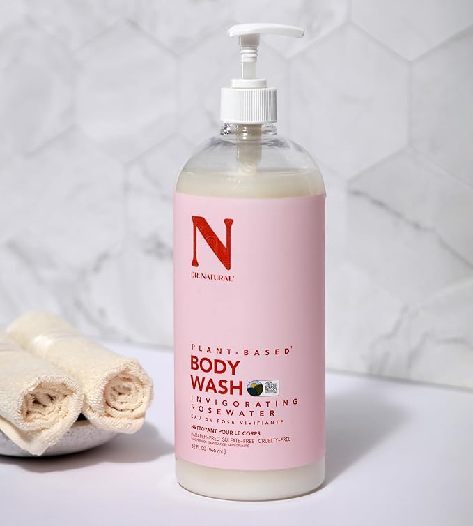 Dr. Natural Invigorating Rosewater Body Wash - Dry Skin Moisturizing Natural Body Wash with Shea Butter and Coconut Oil - For Family and Pets - 32 oz