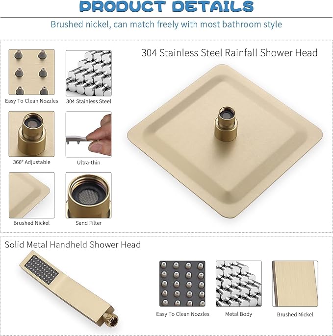 All Metal Shower Faucet Set, Dual Square Shower Head System with Handheld Wand, Diverter, Hose Complete Combo, Pressure Balance Rough-in Valve Included (Brushed Gold)