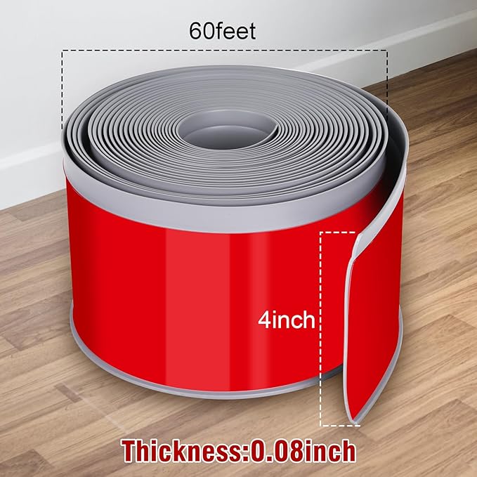 Vinyl Baseboard Molding Trim 4 Inch x 60 Feet Peel and Stick Baseboard Trim Flexible PVC Cove Base Moulding Self-Adhesive Trim for Garage Bathroom Cabinet Floor Walls, Gray