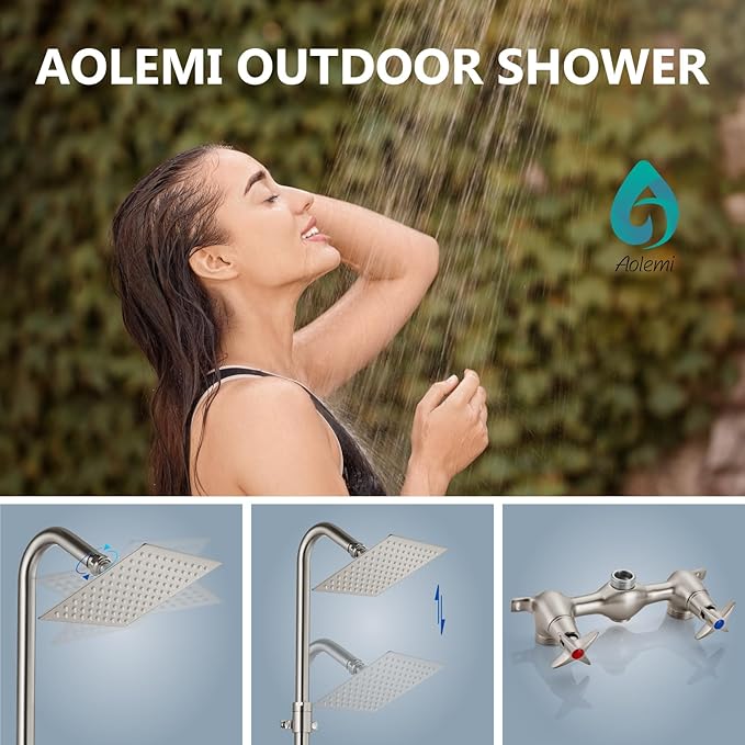 Aolemi Outdoor Shower Kit Fixtures 6 Inch Center with Adjustable Slide Bar,6 Inch Showerhead,2-Handle with Mix Valve,Brushed Nickel