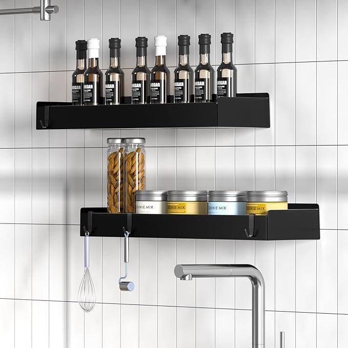 Shower Caddy Black,40cm Adhesive Shower Shelve with Large Capacity, Quick-Dry Metal Bathroom Shelves with 8 Hooks, 2 Pack Drill-Free Rustproof Durable Shower Organizers Rack