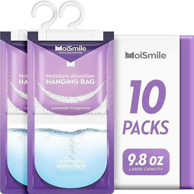 Moisture Absorbers 10 Pack Lavender Fragrance, Hanging Closet Dehumidifier Bags, Humidity Absorber, Compact Eliminates Odors Humidity Packs for Car, Bathroom, Bedroom, Basement, 9.8OZ