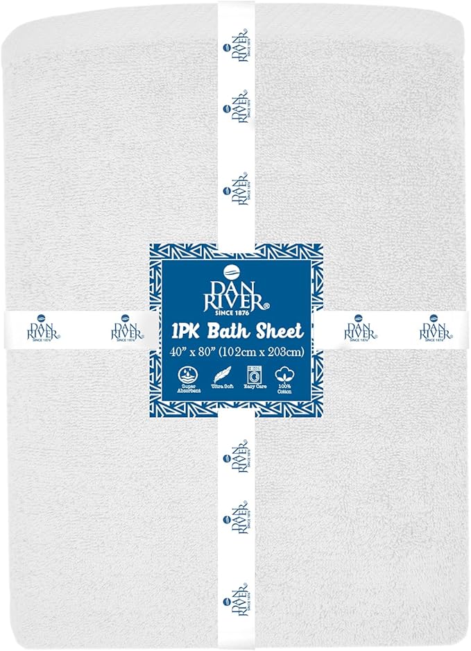 DAN RIVER Pack of 1 Bath Sheet 40x80 Inches, Super Soft Quick Dry Cotton Towels, Luxury Oversized White Bath Towels