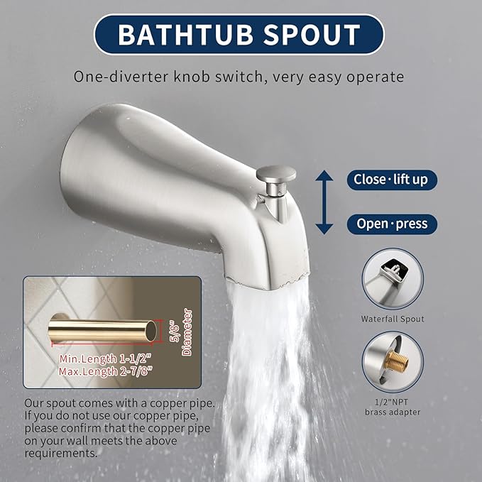 2 Handle Shower Faucet Set with Tub Spout Bathtub Shower Faucet Combo Set Shower System Complete Tub and Shower Trim Kit Brushed Nickel Wall Mounted Two Handles Shower Fixtures