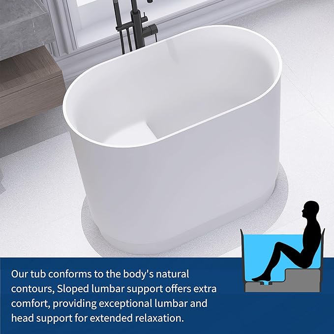 39" Stone Resin Janpanese Soaking Tub, Freestanding Deep Soaking Bathtub with Seat Desgin,Toe-tap Chrome Right Drain, Slotted Overflow, cUPC Certified, in Matte White