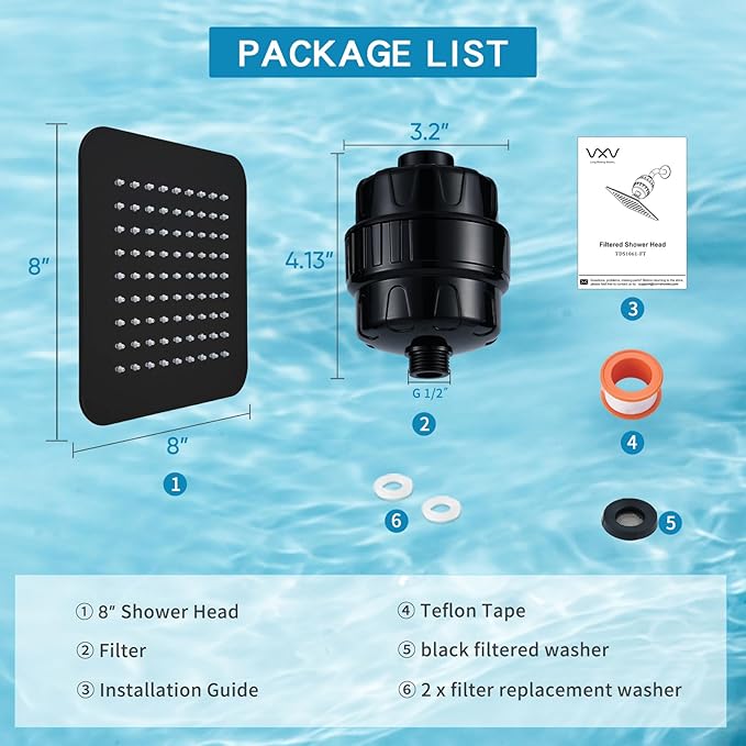 8'' High Pressure Filtered Shower Head Combo 20 Stage Shower Filter for Hard Water, Removes Chlorine & Harmful Substances (Matte Black)