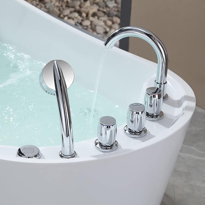 Empava 67 in. Acrylic Freestanding Bath Tub Hydromassage Gracefully Oval Shaped 7 Water Jets Soaking SPA, Single-Ended Massage Bathtubs with Pillow, ETL Certified