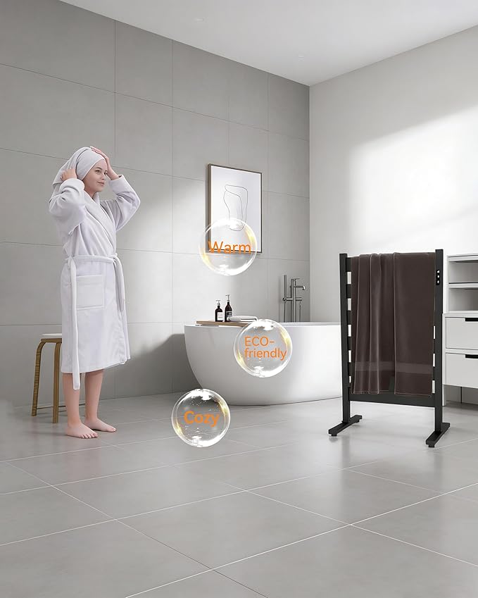 Heated Towel Racks for Bathroom,Freestanding Towel Warmer,6 Bars Towel Heater-PTC Fast Heating with Built-in Timer&Temperature Adjustment,Matte Black