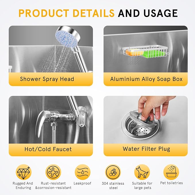 Dog Washing Station Stainless Steel, 38-Inch Dog Bathing Station Bath Tub, Pet Grooming Bath Tub With Left Ramp & Removable Door & Showerhead & Faucet & Soap Holder For Large, Medium & Small Pet